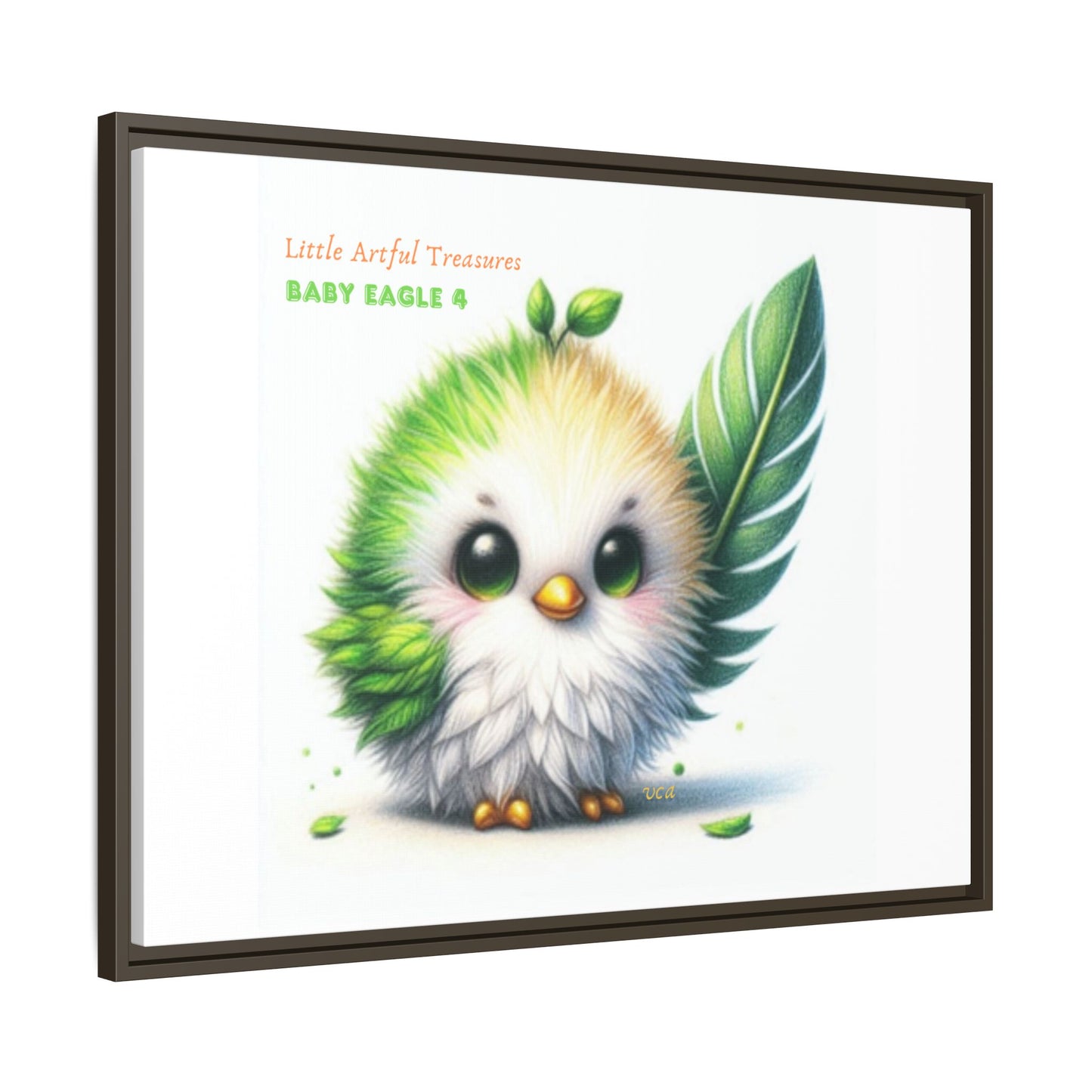 "Little Artful Treasures" Collection - Framed Canvas Wall Art - Cute Green Baby Eagle with Eagle feather ("Baby Eagle 4") by vca