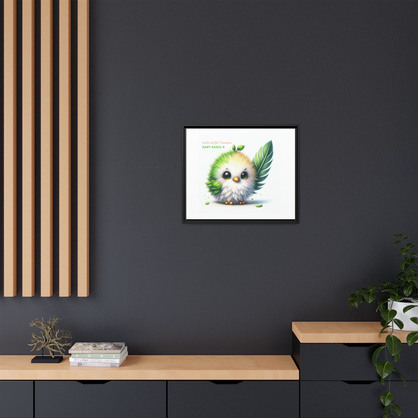 "Little Artful Treasures" Collection - Framed Canvas Wall Art - Cute Green Baby Eagle with Eagle feather ("Baby Eagle 4") by vca