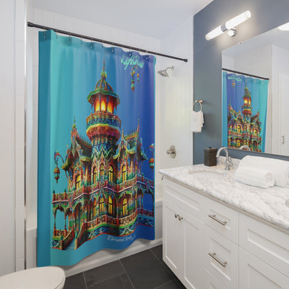 "Elevated Style" Collection - Light House Palace designer Shower Curtain by vca — Vibrant Fantasy Castle Bathroom Décor