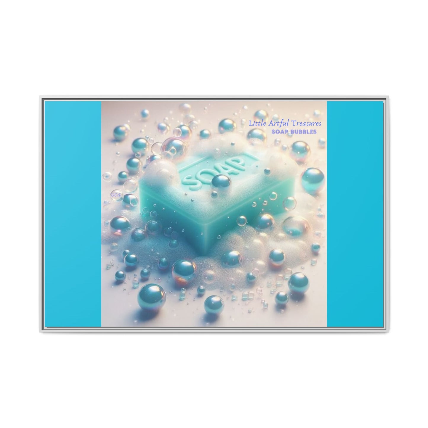 "Little Artful Treasures" Collection - Framed Matte Canvas Wall Art — 'Soap Bubbles' by vca - Blue