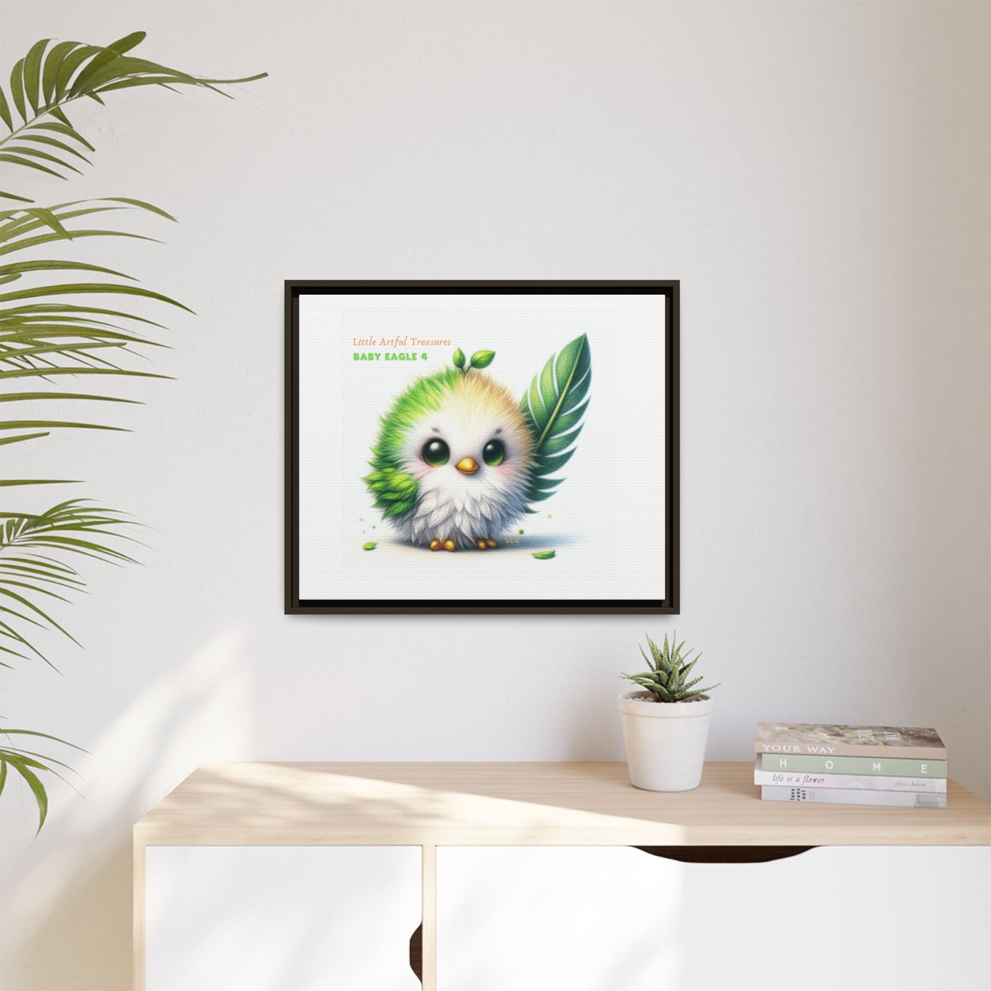 "Little Artful Treasures" Collection - Framed Canvas Wall Art - Cute Green Baby Eagle with Eagle feather ("Baby Eagle 4") by vca