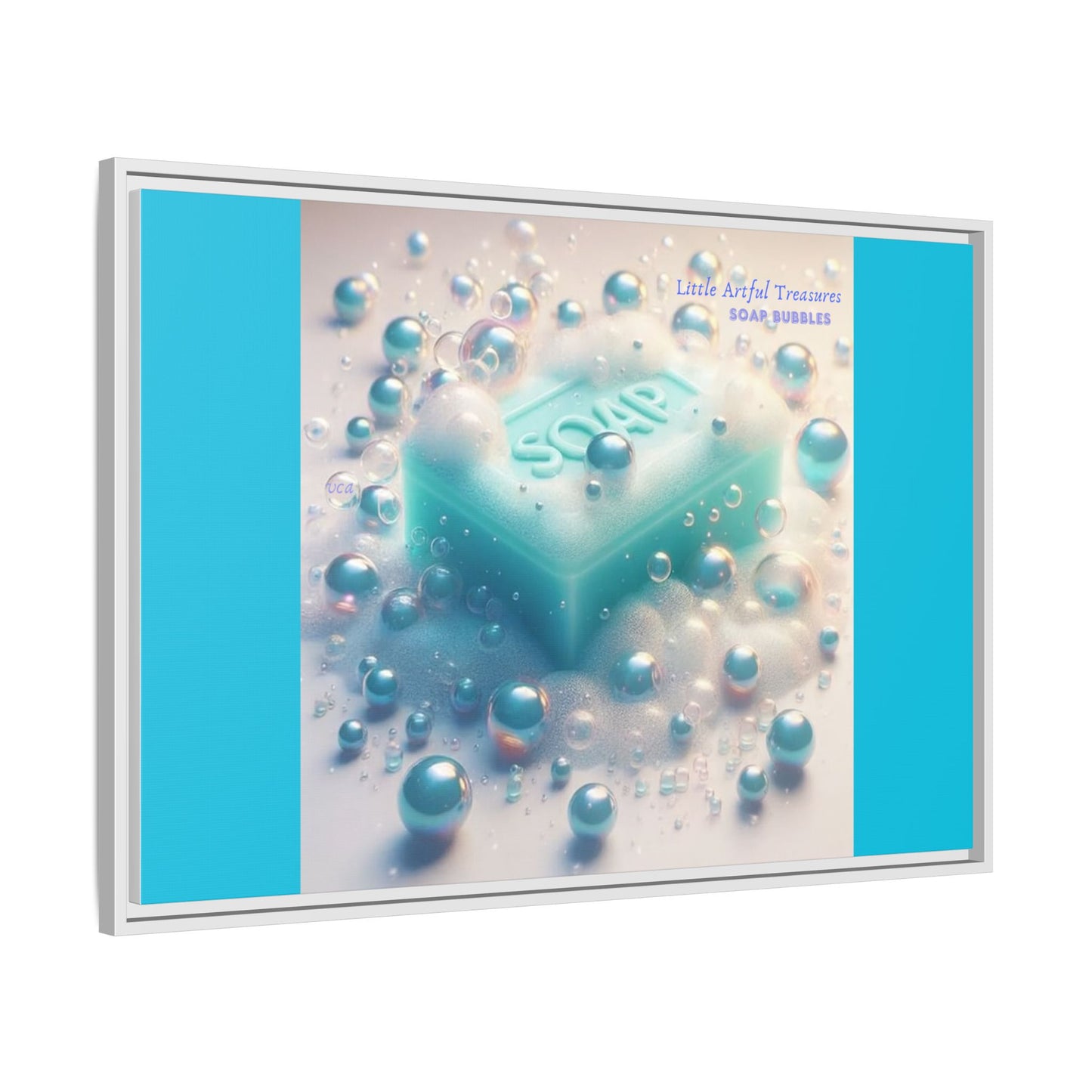 "Little Artful Treasures" Collection - Framed Matte Canvas Wall Art — 'Soap Bubbles' by vca - Blue