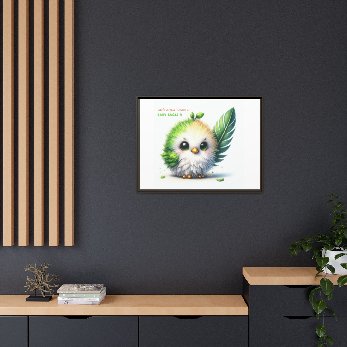 "Little Artful Treasures" Collection - Framed Canvas Wall Art - Cute Green Baby Eagle with Eagle feather ("Baby Eagle 4") by vca