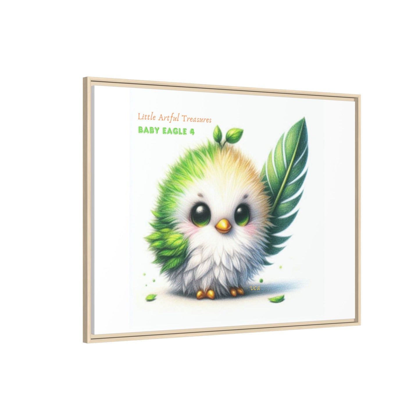 "Little Artful Treasures" Collection - Framed Canvas Wall Art - Cute Green Baby Eagle with Eagle feather ("Baby Eagle 4") by vca