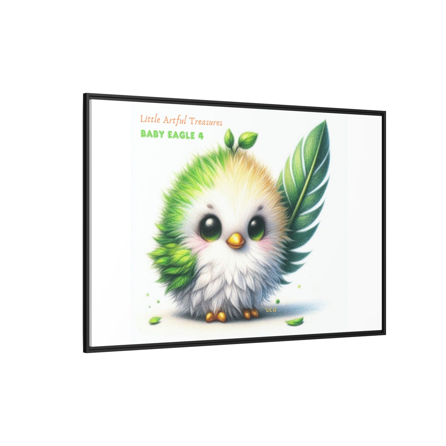 "Little Artful Treasures" Collection - Framed Canvas Wall Art - Cute Green Baby Eagle with Eagle feather ("Baby Eagle 4") by vca
