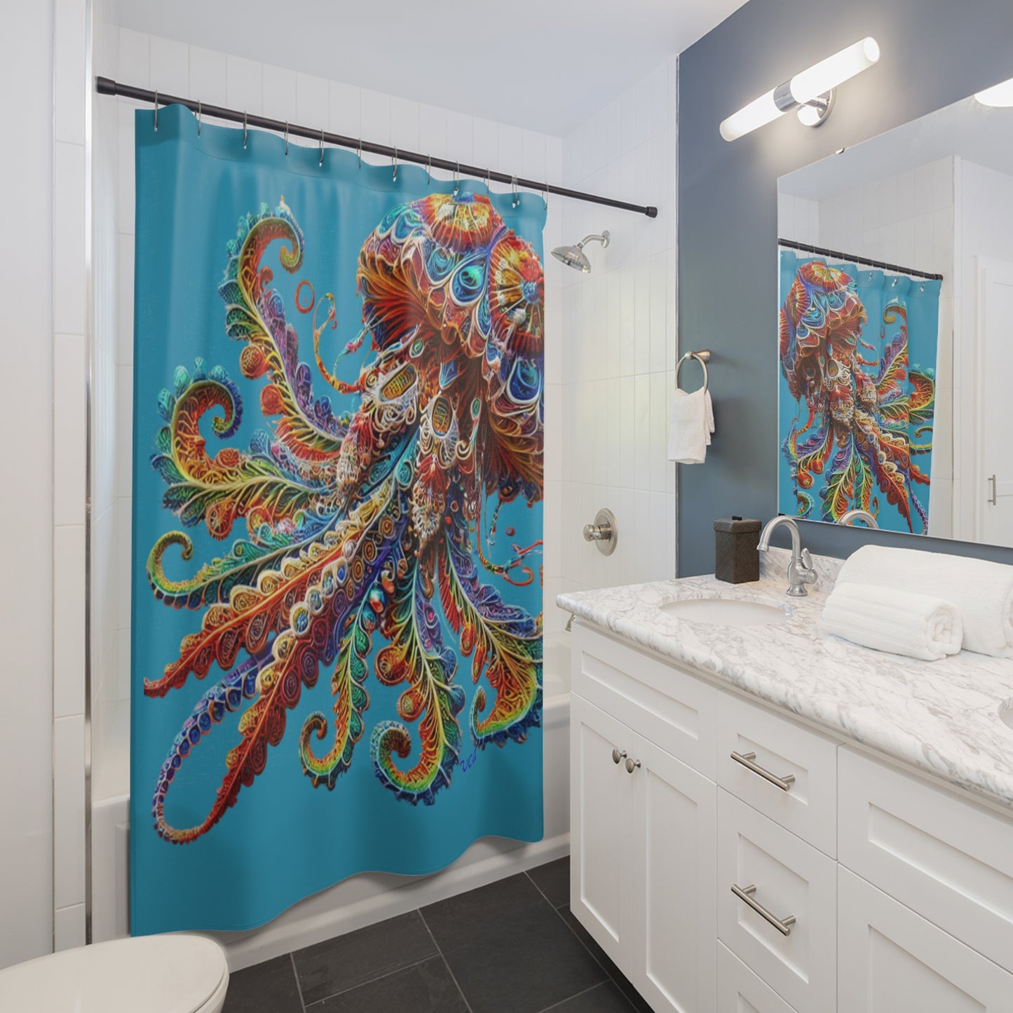"Elevated Style" Collection - Jewel-Toned Jellyfish Shower Curtain design by vca — Colorful Nautical Bathroom Decor