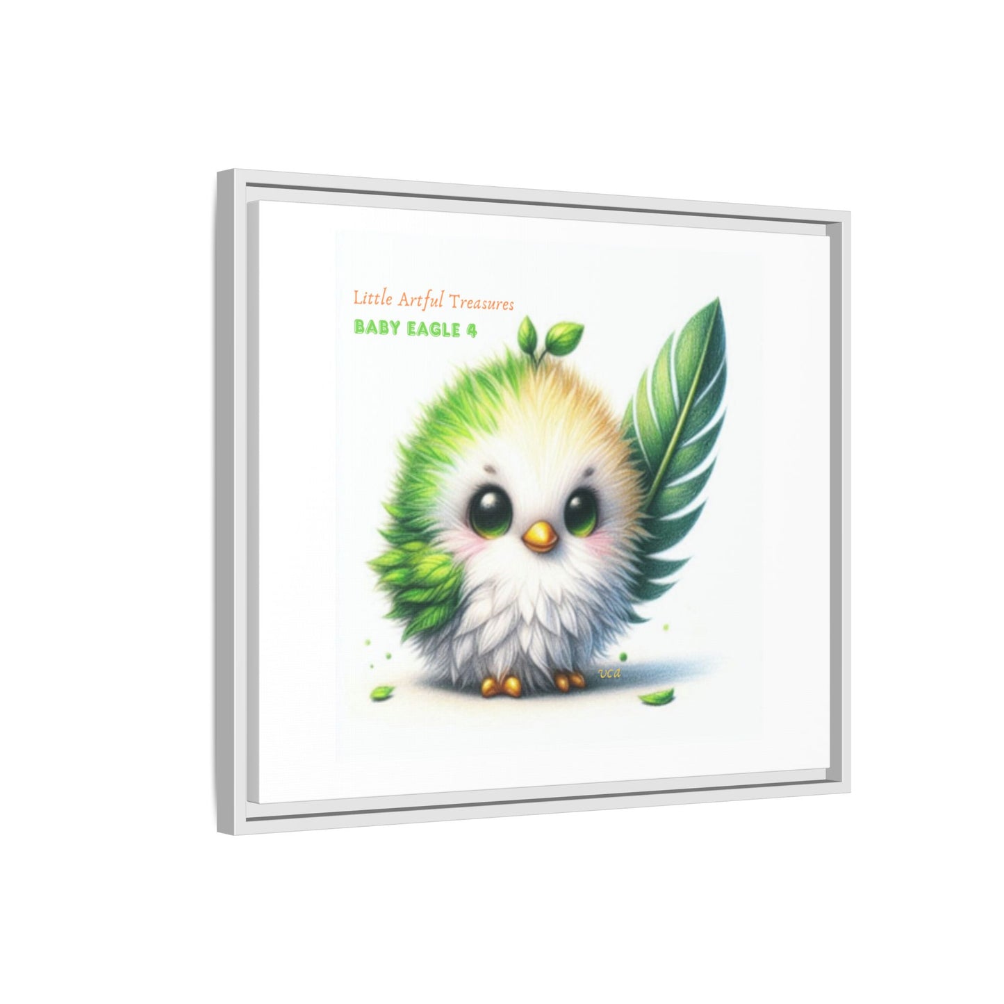 "Little Artful Treasures" Collection - Framed Canvas Wall Art - Cute Green Baby Eagle with Eagle feather ("Baby Eagle 4") by vca