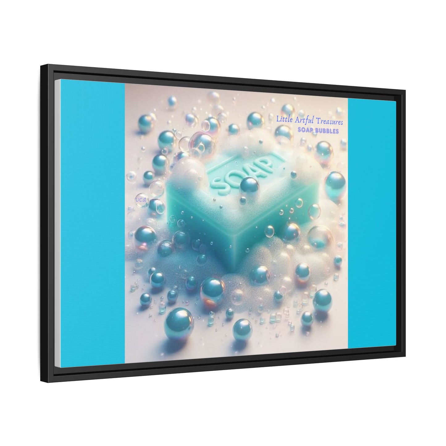 "Little Artful Treasures" Collection - Framed Matte Canvas Wall Art — 'Soap Bubbles' by vca - Blue