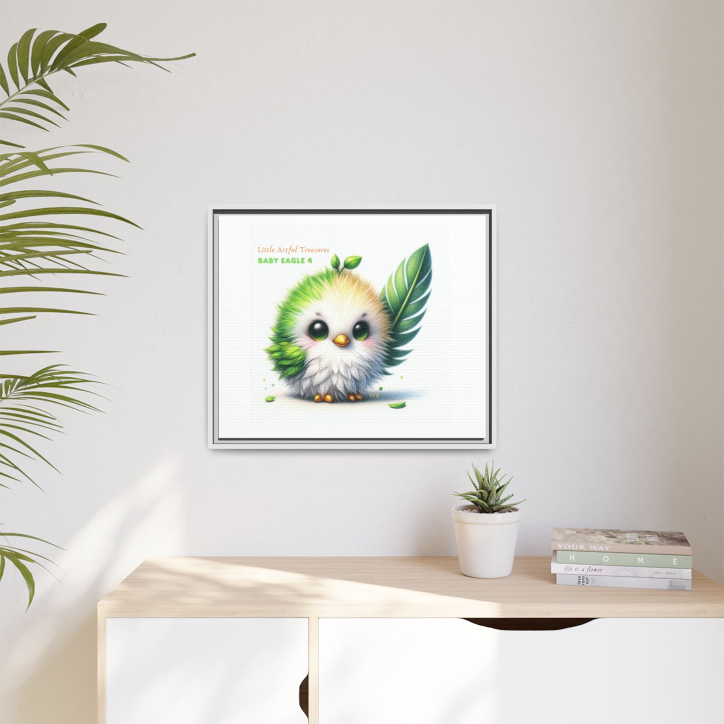"Little Artful Treasures" Collection - Framed Canvas Wall Art - Cute Green Baby Eagle with Eagle feather ("Baby Eagle 4") by vca