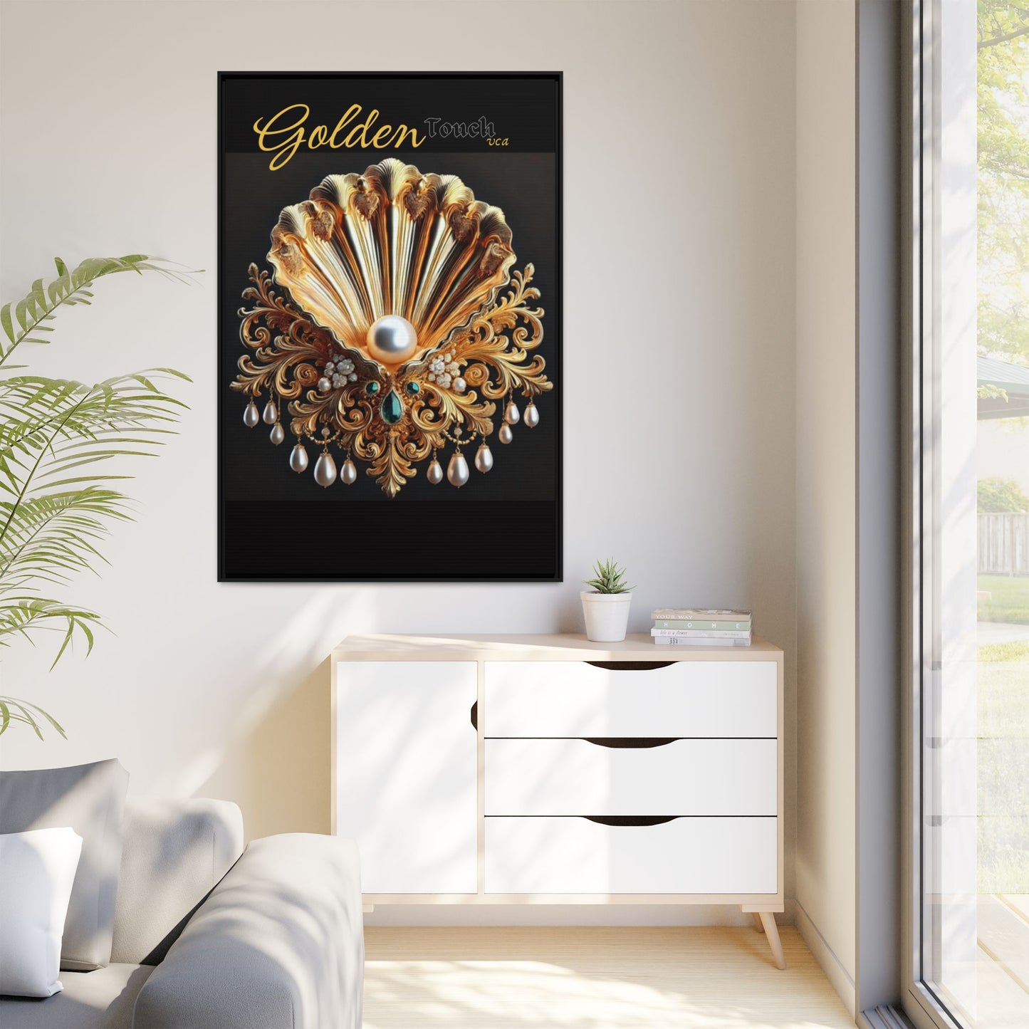 "Golden Touch" Collection - Framed Art Canvas - 'Emeralds & Pearls' by vca