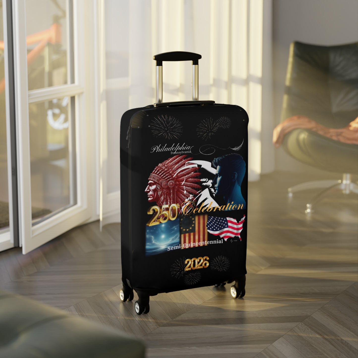 "Legacy of Liberty" Collection - Luggage Cover design by vca - Semi-Quincentennial Travel Accessory, 2-sided - Black