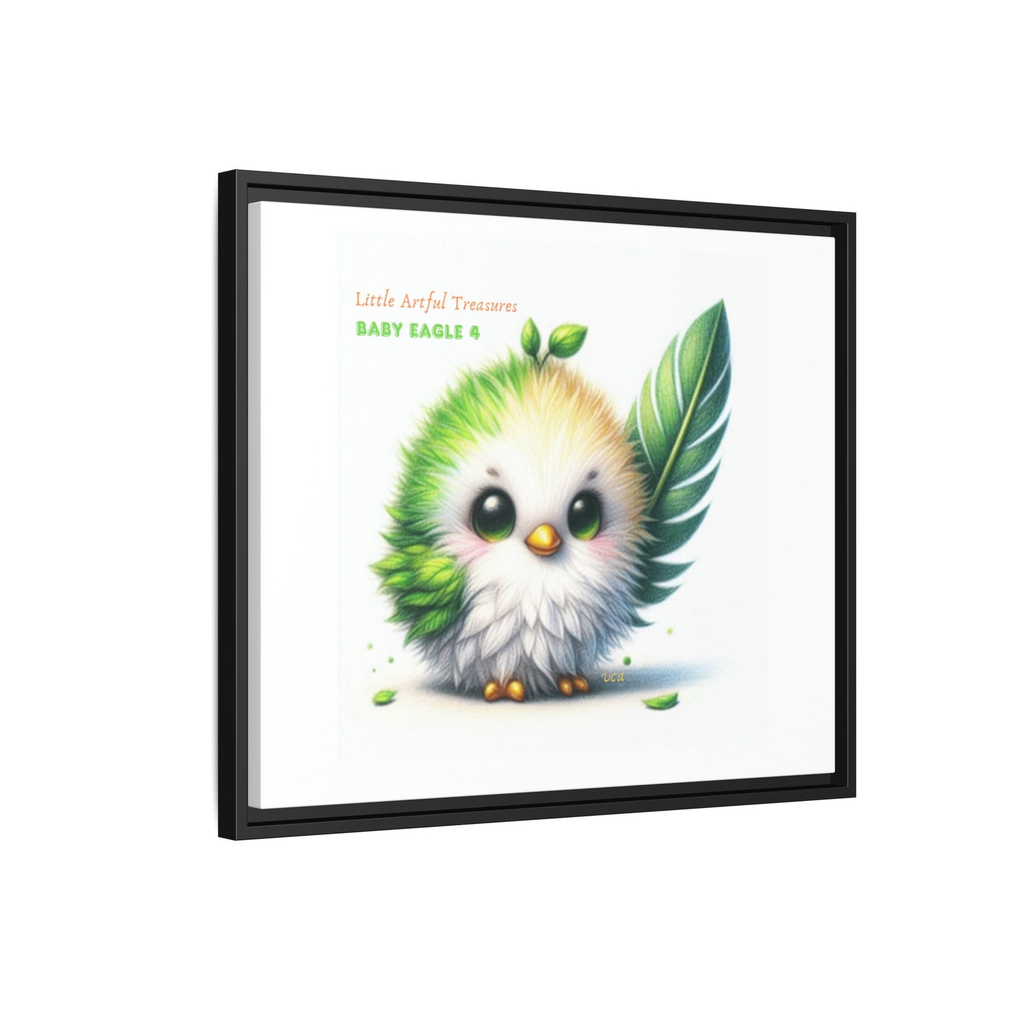 "Little Artful Treasures" Collection - Framed Canvas Wall Art - Cute Green Baby Eagle with Eagle feather ("Baby Eagle 4") by vca