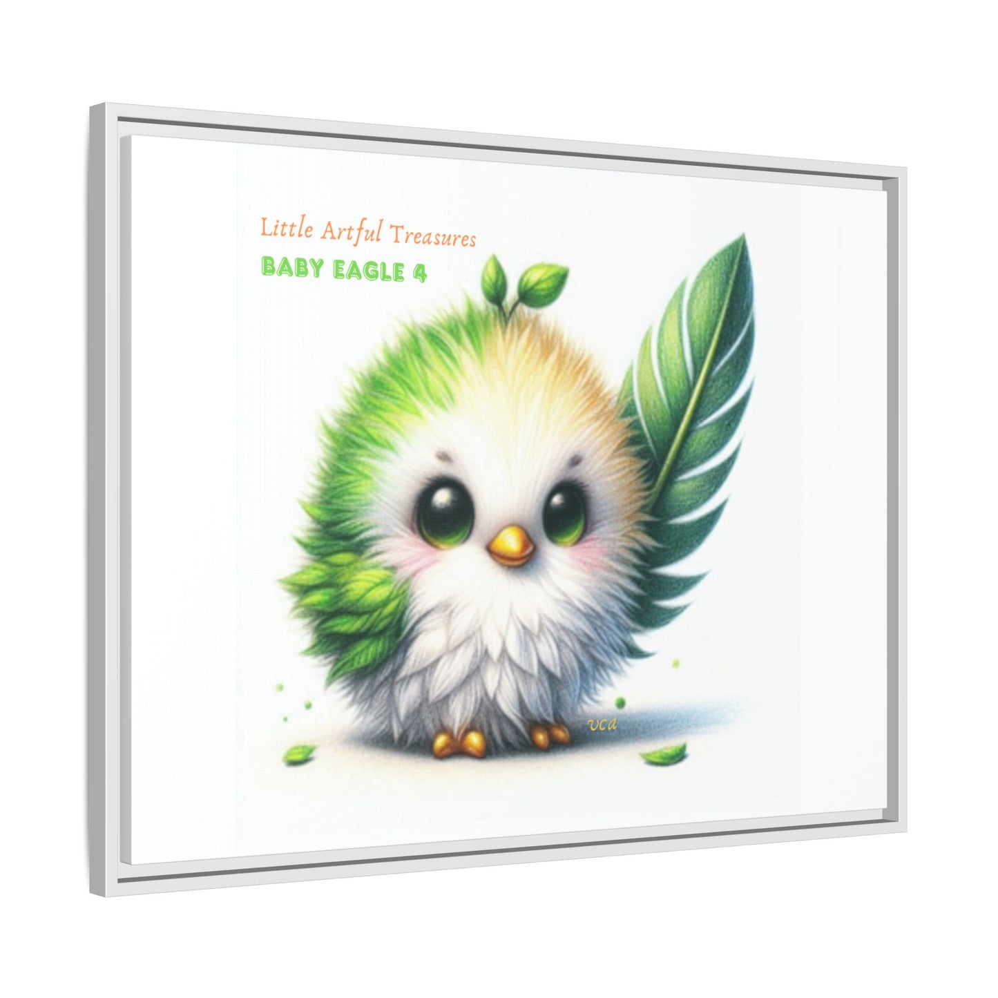 "Little Artful Treasures" Collection - Framed Canvas Wall Art - Cute Green Baby Eagle with Eagle feather ("Baby Eagle 4") by vca