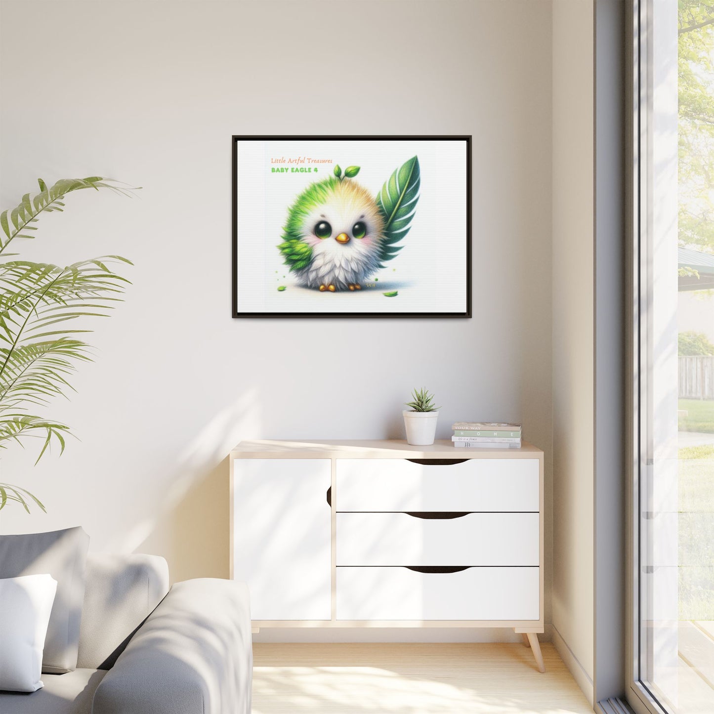 "Little Artful Treasures" Collection - Framed Canvas Wall Art - Cute Green Baby Eagle with Eagle feather ("Baby Eagle 4") by vca