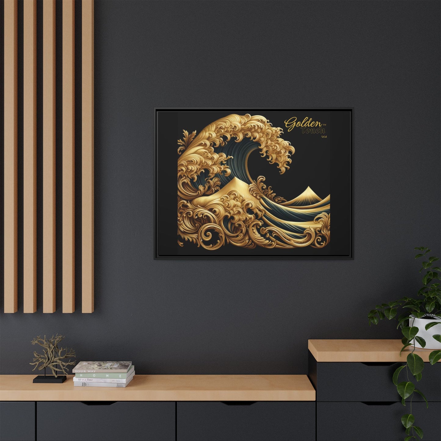 "Golden Touch" Collection - 'Cresting Sea' by vca - Matte Canvas, Black Framed