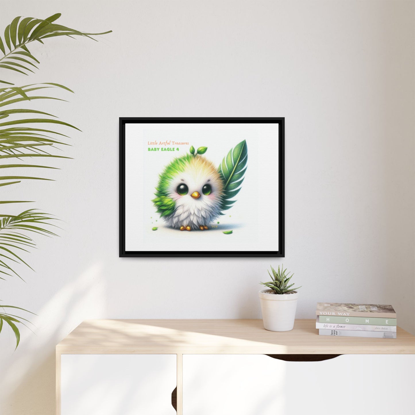 "Little Artful Treasures" Collection - Framed Canvas Wall Art - Cute Green Baby Eagle with Eagle feather ("Baby Eagle 4") by vca