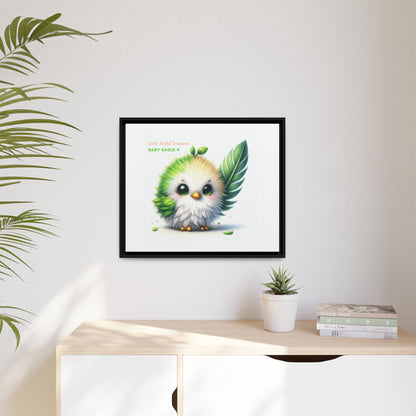 "Little Artful Treasures" Collection - Framed Canvas Wall Art - Cute Green Baby Eagle with Eagle feather ("Baby Eagle 4") by vca