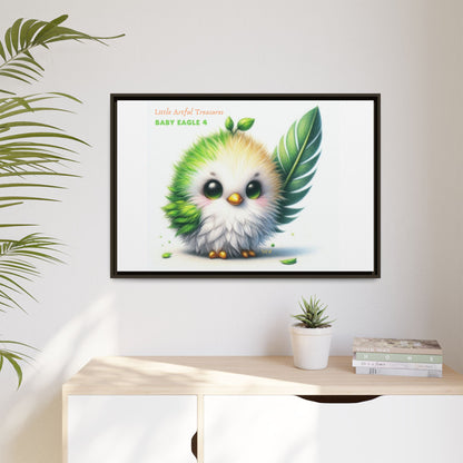 "Little Artful Treasures" Collection - Framed Canvas Wall Art - Cute Green Baby Eagle with Eagle feather ("Baby Eagle 4") by vca