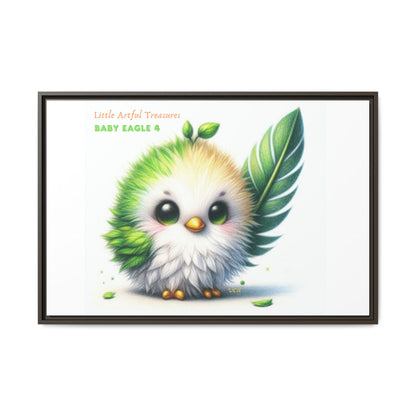 "Little Artful Treasures" Collection - Framed Canvas Wall Art - Cute Green Baby Eagle with Eagle feather ("Baby Eagle 4") by vca