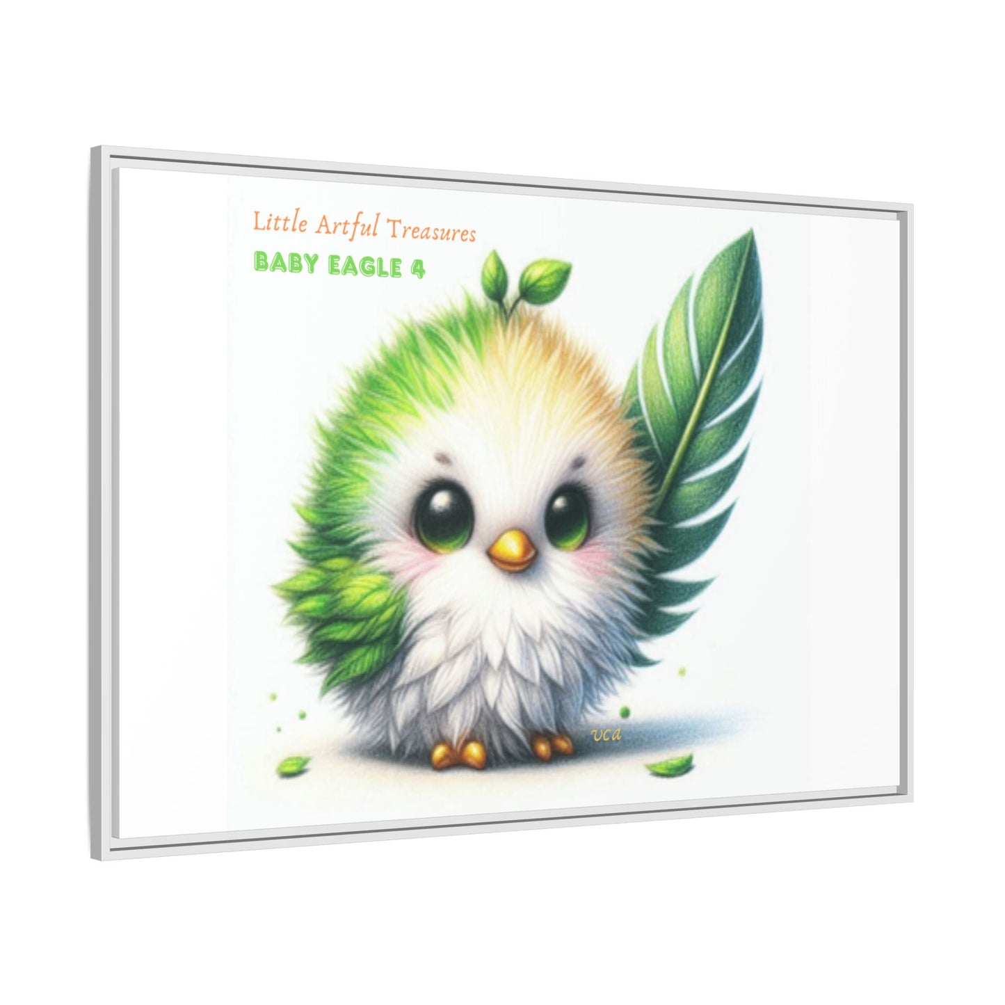 "Little Artful Treasures" Collection - Framed Canvas Wall Art - Cute Green Baby Eagle with Eagle feather ("Baby Eagle 4") by vca
