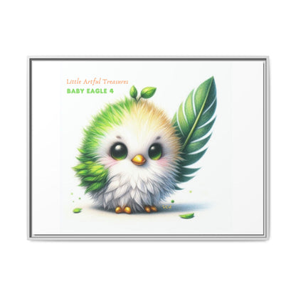 "Little Artful Treasures" Collection - Framed Canvas Wall Art - Cute Green Baby Eagle with Eagle feather ("Baby Eagle 4") by vca