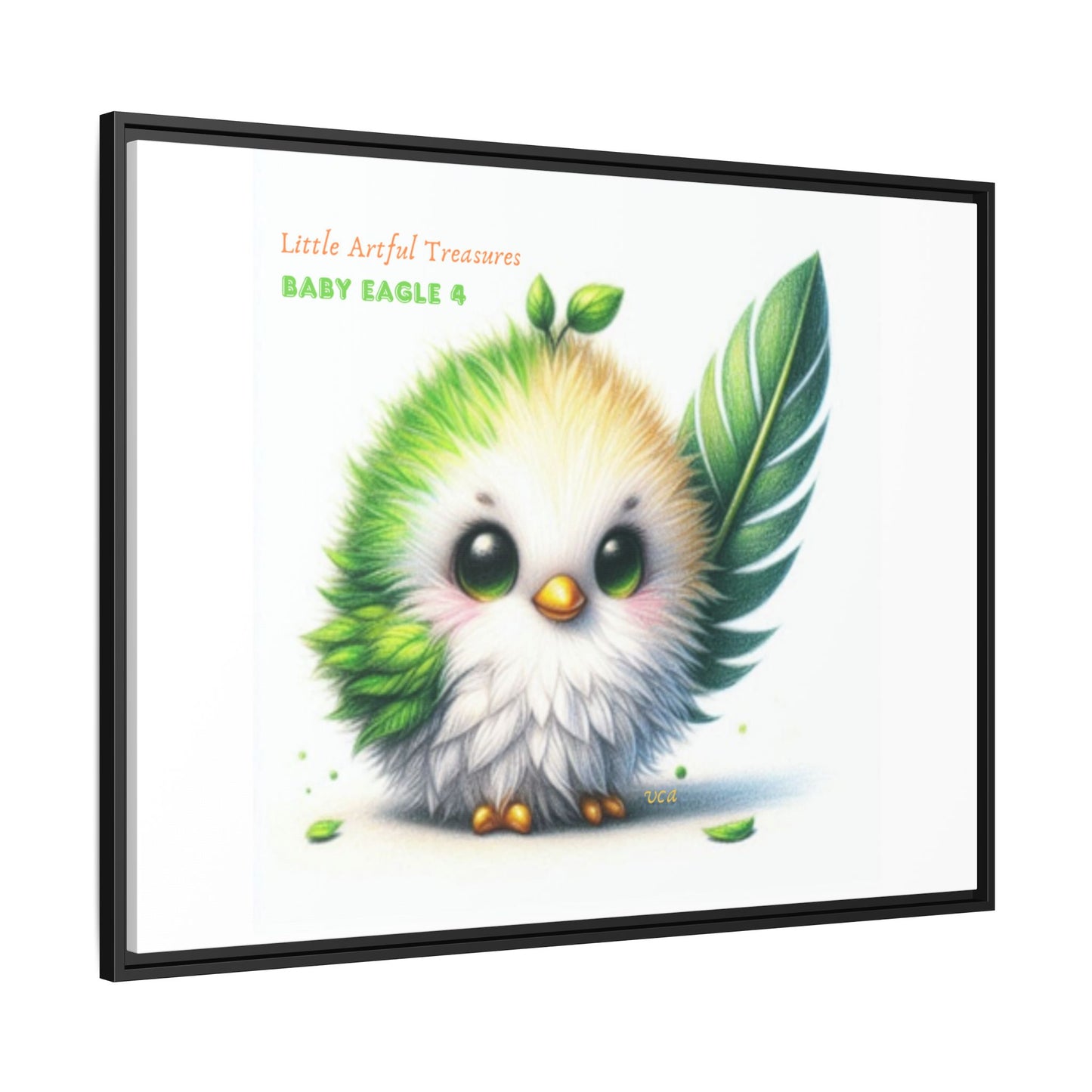 "Little Artful Treasures" Collection - Framed Canvas Wall Art - Cute Green Baby Eagle with Eagle feather ("Baby Eagle 4") by vca