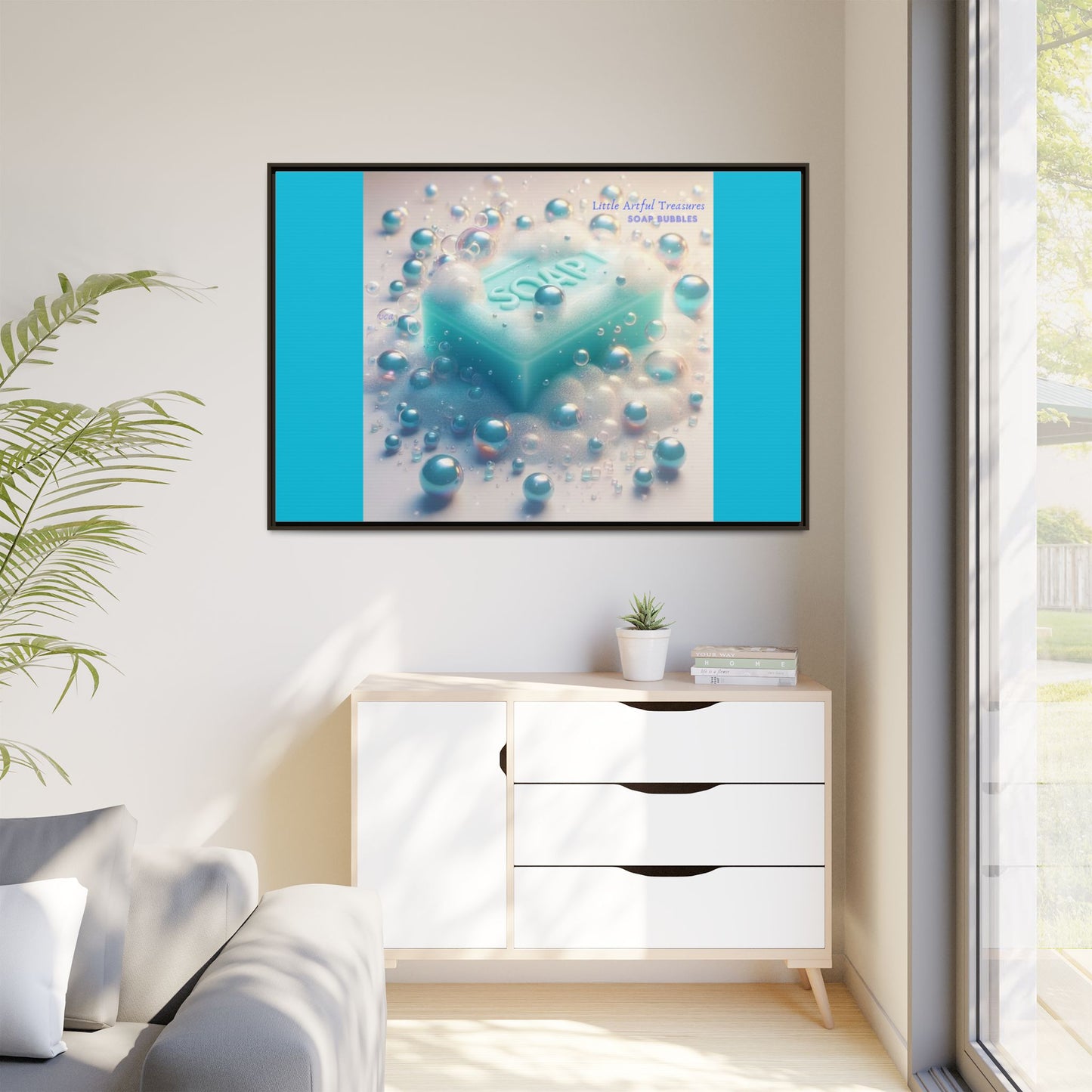"Little Artful Treasures" Collection - Framed Matte Canvas Wall Art — 'Soap Bubbles' by vca - Blue